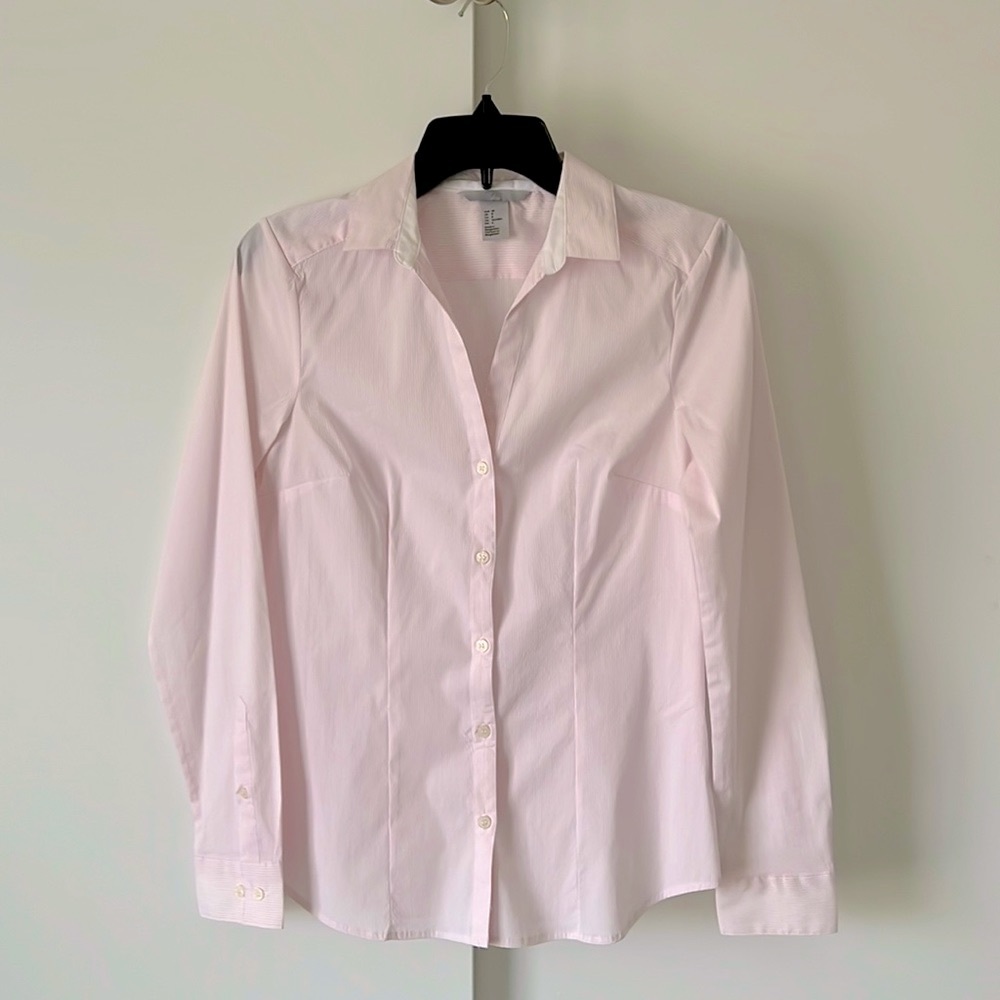 Light pink and white blouse, very small stripes, slim fit